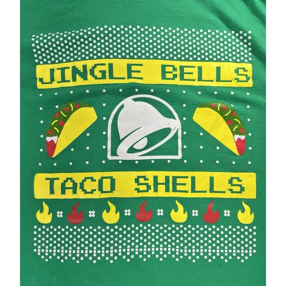 "Jingle Bells Taco Shells" Taco Bell Men's Green Christmas T-Shirt Size Large - Picture 3 of 10